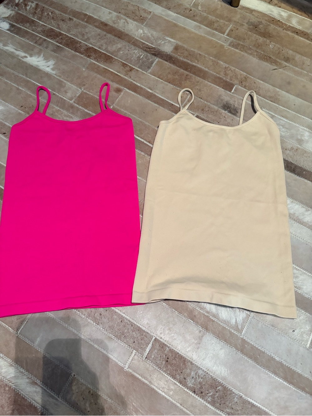 Malibu Sugar Spaghetti Strap Tank Tops - Hot Pink & Beige